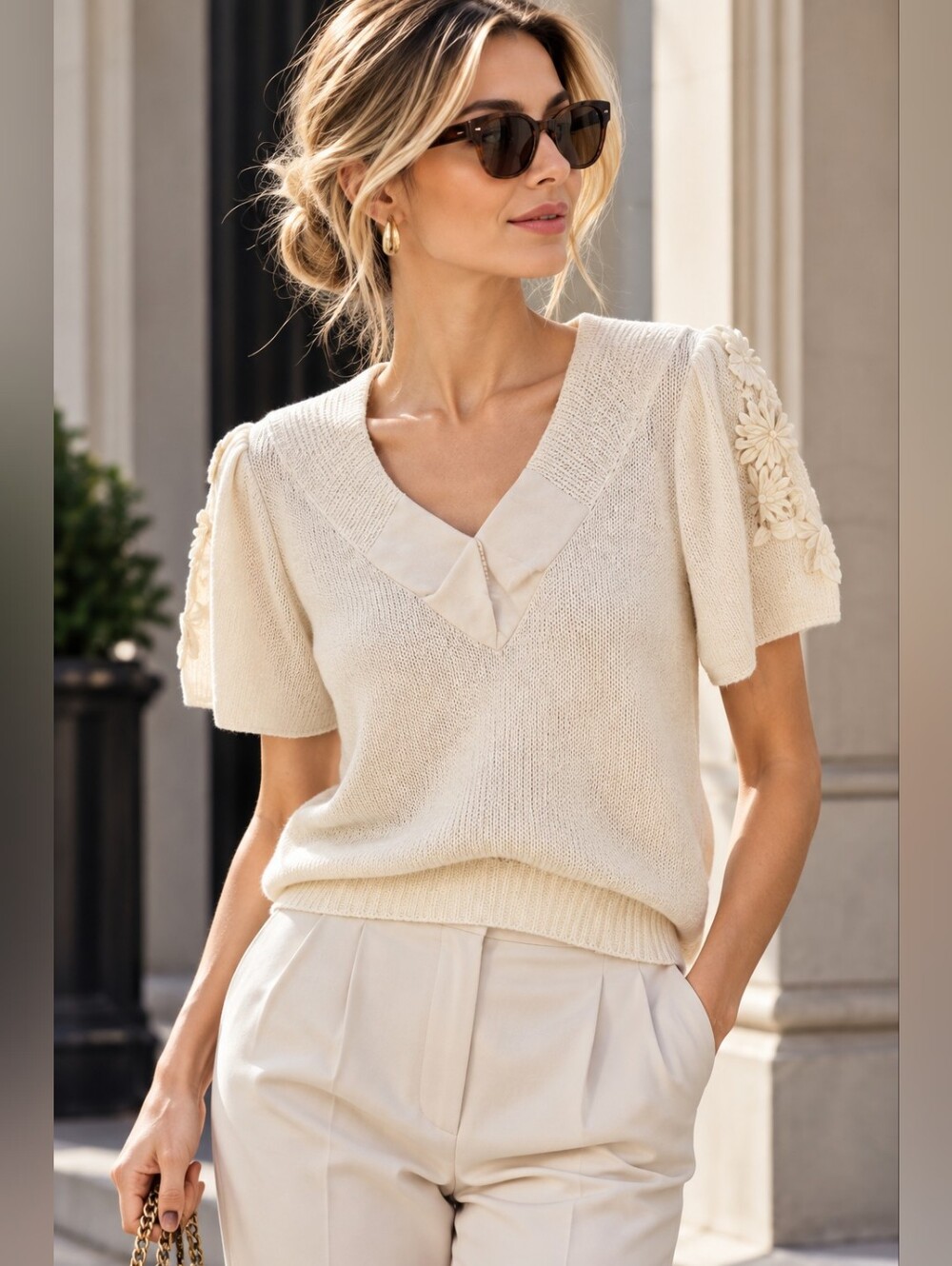 Vintage Lara Ferrante Cream Knit Top with Floral Sleeves
